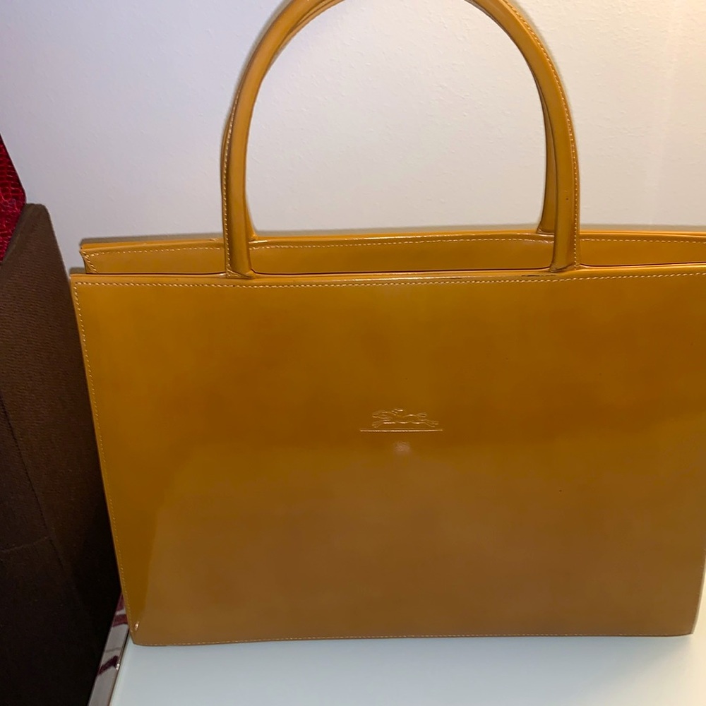 Longchamp Vintage Gold Tan Patent Leather Handbag